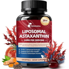Femmetra 10 IN 1 Astaxanthin Supplements 24mg,Fresh Microalgae Source,120 Softgels 65X Max Strength Astaxanthin Antioxidant Supplement with Lycopene for Skin & Eye Health Support, 95% High Absorption, Non-GMO