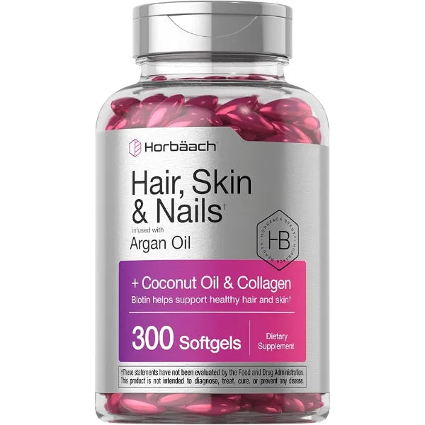 Horbäach Hair Skin and Nails Vitamins 300 Softgels with Biotin and Collagen Infused with Argan Oil and Coconut Oil Non GMO, Gluten Free Supplement