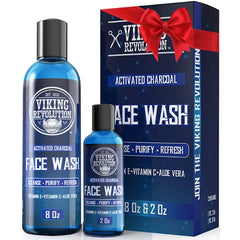 Viking Revolution Charcoal Face Wash for Men- Scrub Away Dirt and Toxins, Skin Cleaning Agent - Cleanse, Purify and Refresh - Daily Charcoal Facial Cleanser - 8 Fl Oz plus a 2 Fl Oz, 2 Piece Set