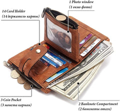 SLGOL Mens Chain Wallets with Anti-Theft Chain, Genuine Leather Purse RFID Blocking Bifold Wallet with Coin Pocket Purse (Brown)