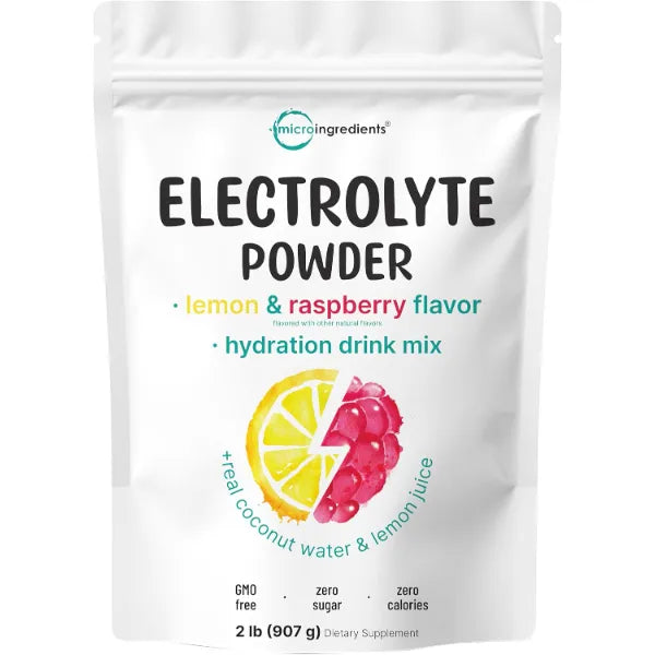 Micro Ingredients Electrolytes Powder, 2lbs (139 Servings) | Sugar Free | Lemon Raspberry Flavor | High Potassium (1,000mg) + Coconut Water & Real Lemon Juice | Keto Friendly, Non-GMO