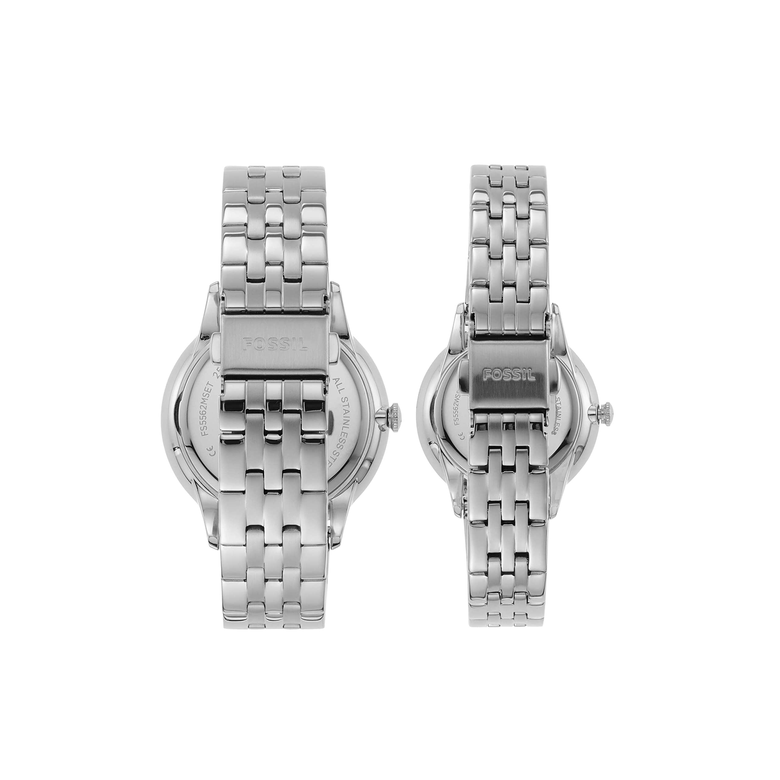 Fossil Unisex His and Her Gift Set, The Andy and Addison Quartz Stainless Steel Watch Set, Silver, Quartz Watch