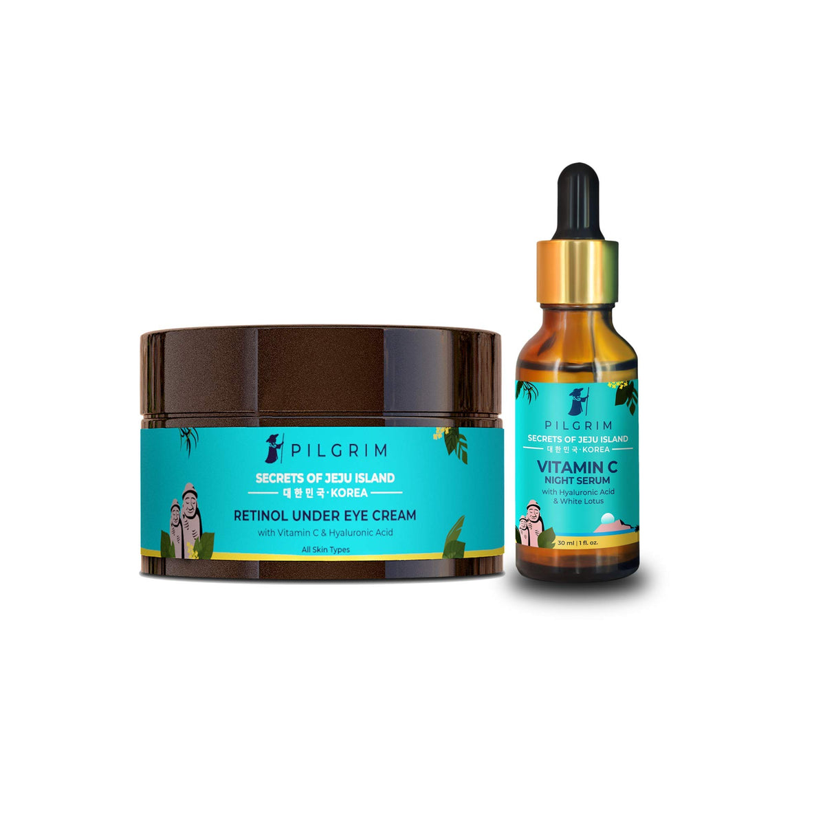 Pilgrim Jeju Night Regime Combo | Vitamin C Night Serum, Retinol Under eye cream with Hyaluronic Acid 30g | All Skin | Men and Women | Korean Beauty Secrets