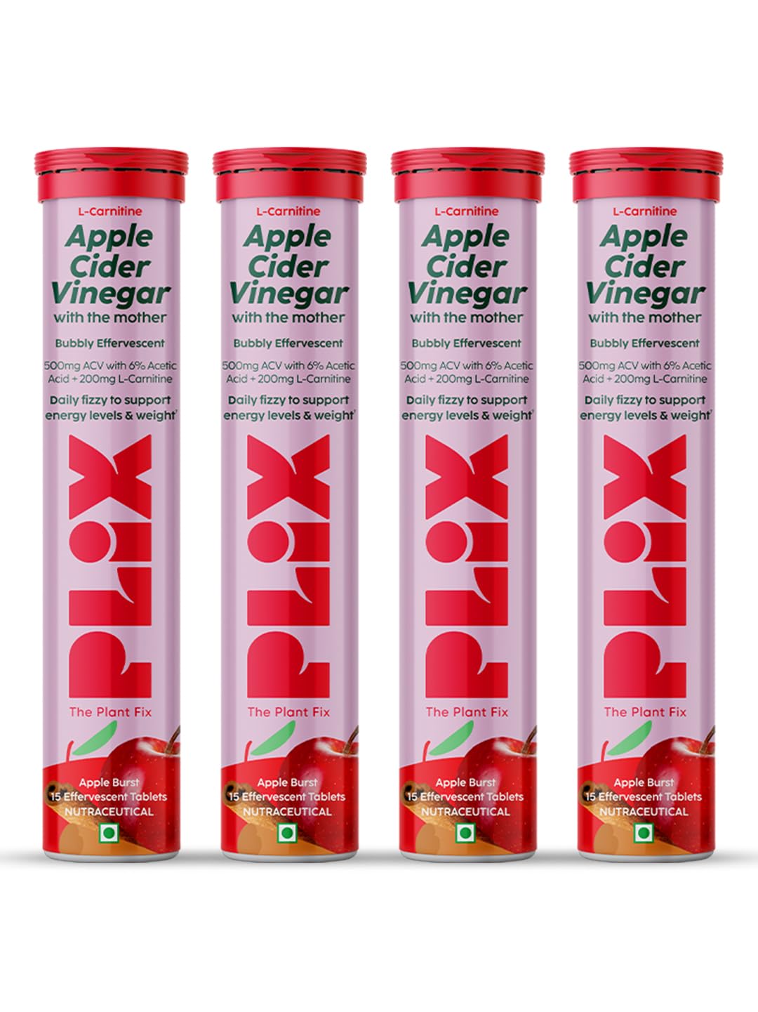 PLIX - THE PLANT FIX L-Carnitine ACV Effervescent Tablets Helps To Turn Fat Into Energy | 15 Tablets, Pack Of 4 | With Apple & Cinnamon | Supports Fat Burn | Weight Loss Drink for Women, Men