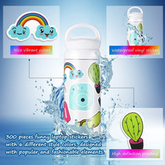 Mumoo Bear 300 Pieces Mixed Stickers for Water Bottles, Vinyl Waterproof Laptop Stickers Aesthetic Cute Colorful Stickers Laptop Luggage Skateboard Computer Stickers for Teens Girls Kids Boys