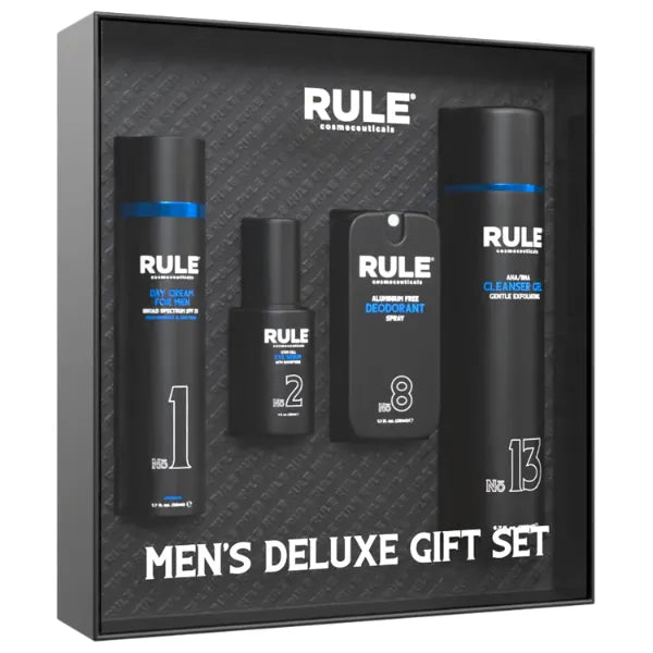 RULE COSMECEUTICALS Men's Deluxe Gift Set, No.1 Men's Face Cream, No.8 Deodorant Spray, No.13 Cleanser Gel, No.2 Eye Serum, Eye & Skin Care Set