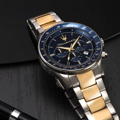Maserati Men's Sfida Chronograph Wrist Watch, Blue Dial, Silver/Gold Strap, 44 mm Case