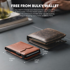 VULKIT Minimalist Wallet with Money Band RFID Wallet for Mens Pop Up Wallet Leather Wallet with ID Window & Elastic Band Closure - Brown
