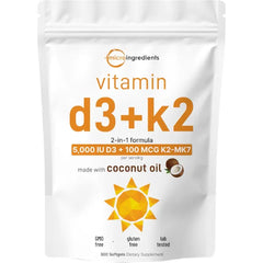 Micro Ingredients Vitamin D3 5,000 IU + K2 MK-7 100 mcg, 300 Softgels | Virgin Coconut Oil | 2-in-1 Support | Easy to Swallow, Non-GMO