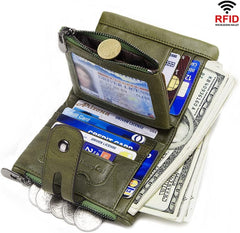 SLGOL Mens Chain Wallets with Anti-Theft Chain, Genuine Leather Purse RFID Blocking Bifold Wallet with Coin Pocket Purse (Green)
