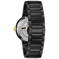 Bulova Men's Modern 3-Hand Automatic Watch, Open Aperture Dial and Edge to Edge Crystal - Black Ion-Plated/Gold Tone Accents