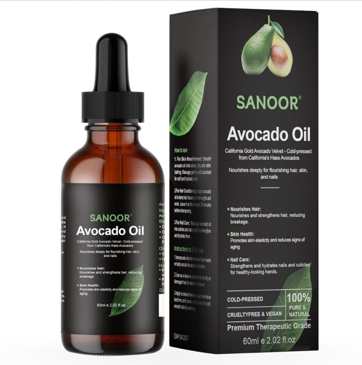 SANOOR California Gold Avocado Oil | 100% Pure (2.02oz)| Infused with Nutrients Pure Hair Butter | Cold-pressed | FDA APPROVED | 60ml