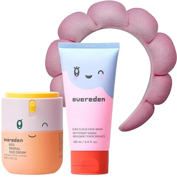 Evereden Kids Happy Morning DUO with Spa headband for Girls Clean & Vegan Skin Care for Kids Bundle Kids Skin Care Cloud Face Wash + SPF 20 Mineral Face Cream Non Toxic Easy to Use Skincare for Kids