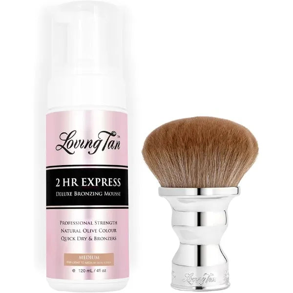 Loving Tan 2 HR Express Self Tanning Mousse, Medium Streak Free, Natural, Professional Quality + Flawless Body Tan Application Brush  Free standing, Oversized for Even & Easy Coverage