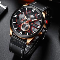 CURREN Mens Water Resistant Sport Chronograph Watches Military Multifunction Leather Quartz Wrist Watches - rose gold black