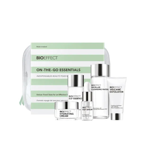 Bioeffect On-the-Go EGF Skincare Set | Age-Defying TRAVEL KIT with Growth Factor Serum, Hydrating Cream, Essence Toner, Micellar Cleanser & Volcanic Exfoliator