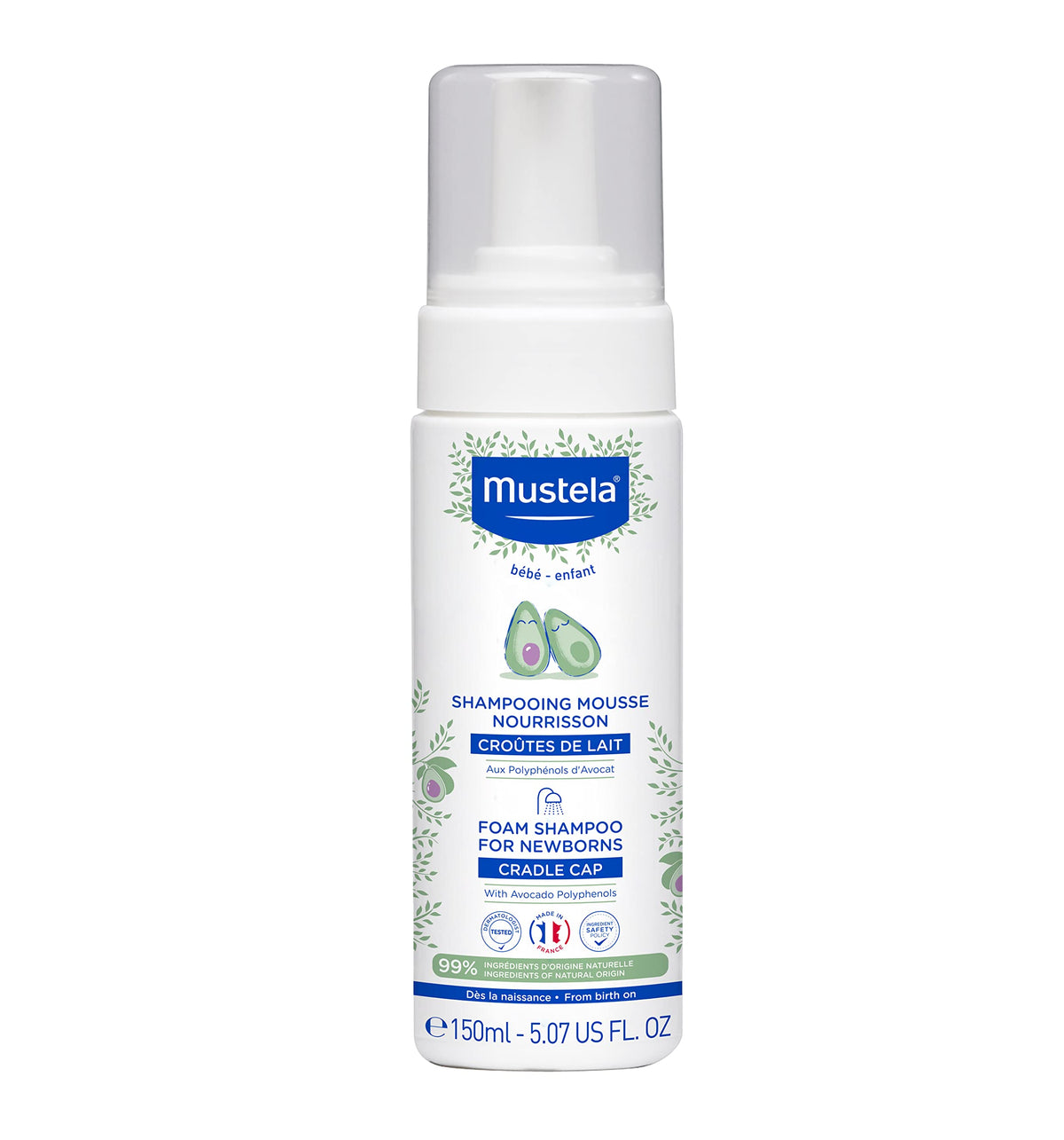 Mustela Cradle Cap Foam Shampoo for Newborn - Baby Shampoo with Natural Avocado - Tear-Free & Fragrance-Free - 150ml