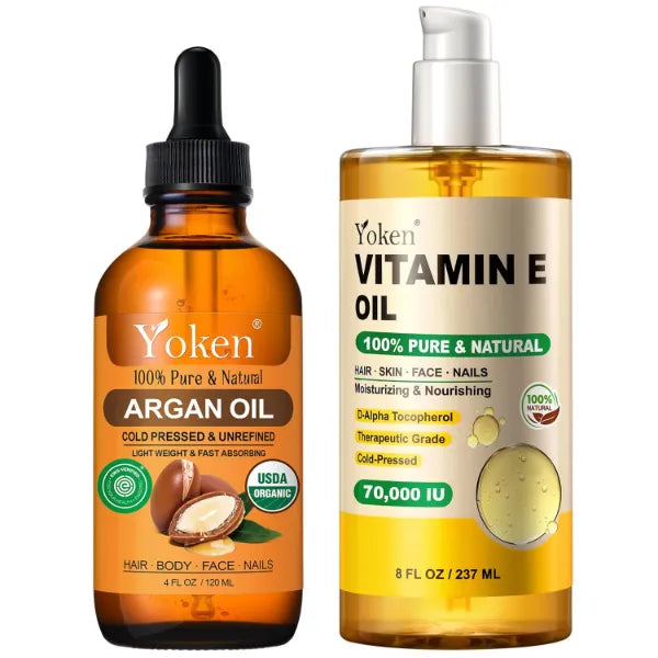 Yoken Vitamin E Oil 8 oz & Organic Argan Oil 4 fl oz – Cold-Pressed Natural Carrier Oils for Hair, Face, Skin & Body Care | Pure, Non-GMO & Unrefined Formula