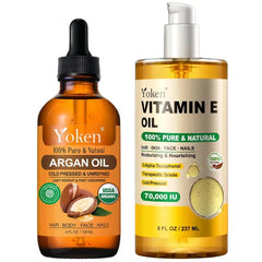 Yoken Vitamin E Oil 8 oz & Organic Argan Oil 4 fl oz – Cold-Pressed Natural Carrier Oils for Hair, Face, Skin & Body Care | Pure, Non-GMO & Unrefined Formula
