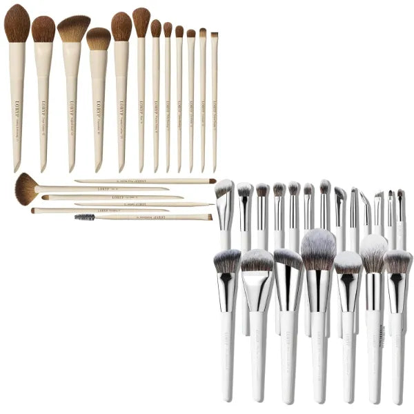 LORYP 20Pcs White Vegan Soft Pro Face Eye Brush Set and 18Pcs Khaki Ultra-soft Multi-Function Brush Set Bundle