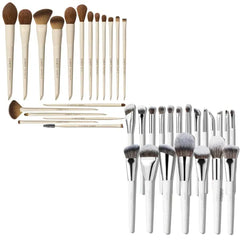LORYP 20Pcs White Vegan Soft Pro Face Eye Brush Set and 18Pcs Khaki Ultra-soft Multi-Function Brush Set Bundle
