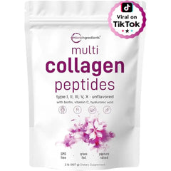 Micro Ingredients Multi Collagen Peptides Powder, 2lb (82 Servings) – Hydrolyzed Type I,II,III,V,X with Biotin, Hyaluronic Acid, Vitamin C – Unflavored Collagen for Women & Men, Easy Dissolve