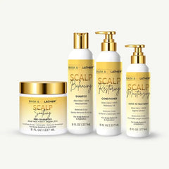 BASK & LATHER Scalp Therapy System, Sulfate-Free 4-Step Set, Aloe & Mint | 4-step set: Pre-Shampoo, Shampoo, Conditioner & Leave-In. Aloe & Mint, sulfate-free & vegan. For textured, natural hair.