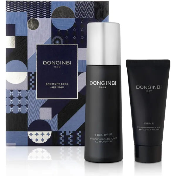 Donginbi Red Ginseng Homme All-in-One Special Set - Hydrating Korean Red Ginseng Essence(4.06 floz), Glycolic & Squalane Acid Face Wash, AHA Exfoliant, Korean Skin Care Set Gifts for Men