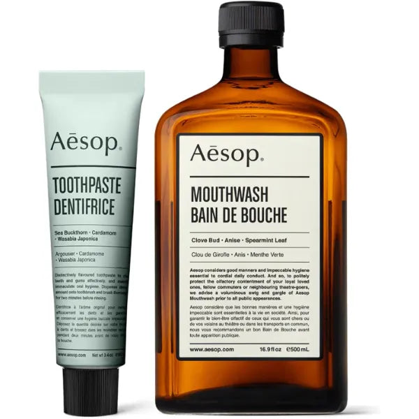 Aesop Oral Care Duo | Mouthwash & Toothpaste Set for Fresh Breath | Daily Botanical Oral Hygiene Kit (16.9 oz + 3.4 oz)
