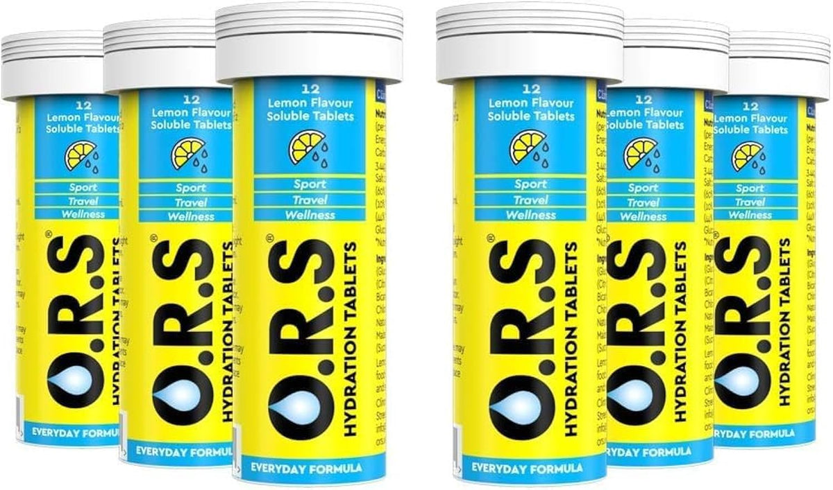 O.R.S Hydration Tablets with Electrolytes, Vegan, Gluten and Lactose Free Formula – Soluble Hydration Tablets with Natural Lemon Flavour, 72 Tablets (Pack of 6 x12)