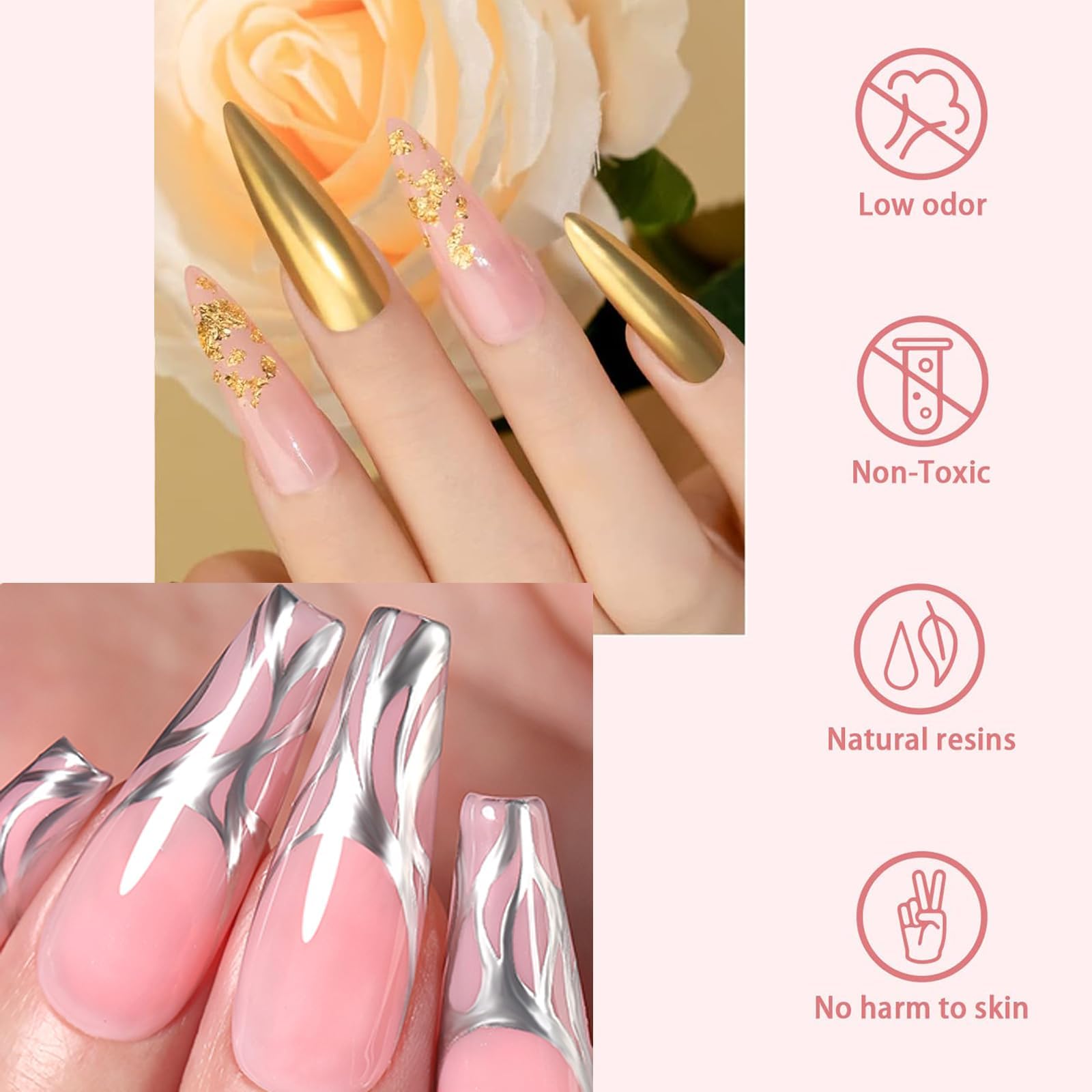 Azonee Metallic Nail Polish, Metal Nail Polish Set, 4PCS Chrome Nail Polish Mirror Silver Nail Vanish Quick Dry Metal Effect Nail Art, Bright 3D Metal Painting Metallic Nail Polish, No UV Needed