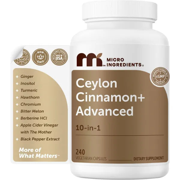 Micro Ingredients Ceylon Cinnamon+ Advanced with Berberine & Chromium, 240 Veggie Capsules | 10-in-1 Cinnamon Supplement with Apple Cider Vinegar, Turmeric, Ginger | Metabolism Support* for Men & Women | Non-GMO