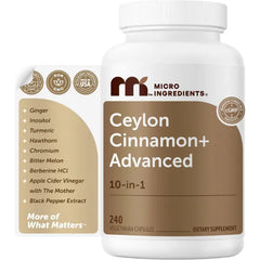 Micro Ingredients Ceylon Cinnamon+ Advanced with Berberine & Chromium, 240 Veggie Capsules | 10-in-1 Cinnamon Supplement with Apple Cider Vinegar, Turmeric, Ginger | Metabolism Support* for Men & Women | Non-GMO