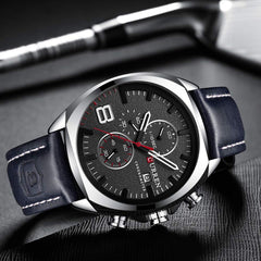 Herren-Armbanduhr mit Lederarmband, klassisch, lssig, Edelstahl, wasserdicht, Chronograph, Datum, analog, Quarzuhr - Silver/Black