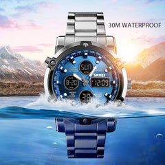 SKMEI Mens Wrist Watch, Waterproof Military Analog Digital Watches with LED Multi Time Chronograph, Stainless Steel Business Watches for Men - 1389-Blue
