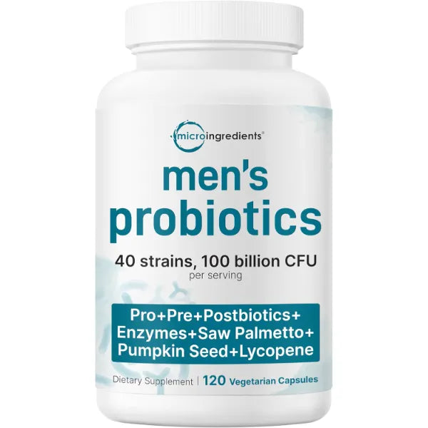 Micro Ingredients Probiotics for Men 100 Billion CFU, 40 Strains, 120 Vegetarian Capsules | Pre, Probiotics, Postbiotics & Enzymes | Pre, Probiotics, Enzymes, Saw Palmetto, Pumpkin Seed & Lycopene