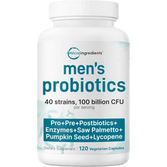 Micro Ingredients Probiotics for Men 100 Billion CFU, 40 Strains, 120 Vegetarian Capsules | Pre, Probiotics, Postbiotics & Enzymes | Pre, Probiotics, Enzymes, Saw Palmetto, Pumpkin Seed & Lycopene