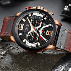 CURREN Men's 3 Dials Chronograph Quartz Watches with Leather Bracelet - Brown