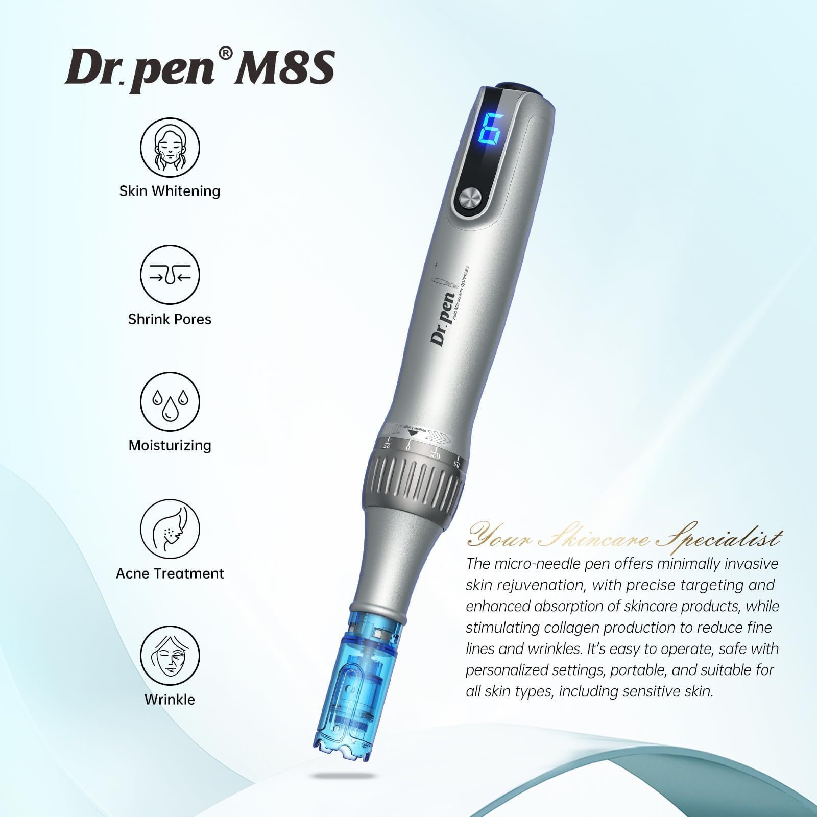 Dr.Pen Derma Pen M8S Microneedling pen Wireless Micro Needling Skin Care Tool Kit for Anti-aging Acne Scars Wrinkles with 5 pcs 18 pin + 5 pcs 36 pin Cartridges