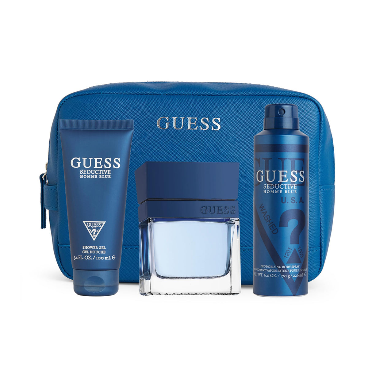 GUESS SEDUCTIVE BLUE (M) SET EDT 100ML + 100ML SG + 226ML BODY SPRAY+ POUCH