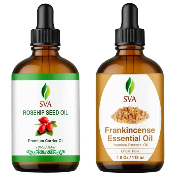 SVA ORGANICS Rosehip and Frankincense Serrata Oil 4 oz Bundle Super Saver Combo – Premium Grade Value Set for Hair Oiling, Scalp Massage, Hair Care, Skin Care and Body Massage