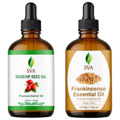 SVA ORGANICS Rosehip and Frankincense Serrata Oil 4 oz Bundle Super Saver Combo – Premium Grade Value Set for Hair Oiling, Scalp Massage, Hair Care, Skin Care and Body Massage