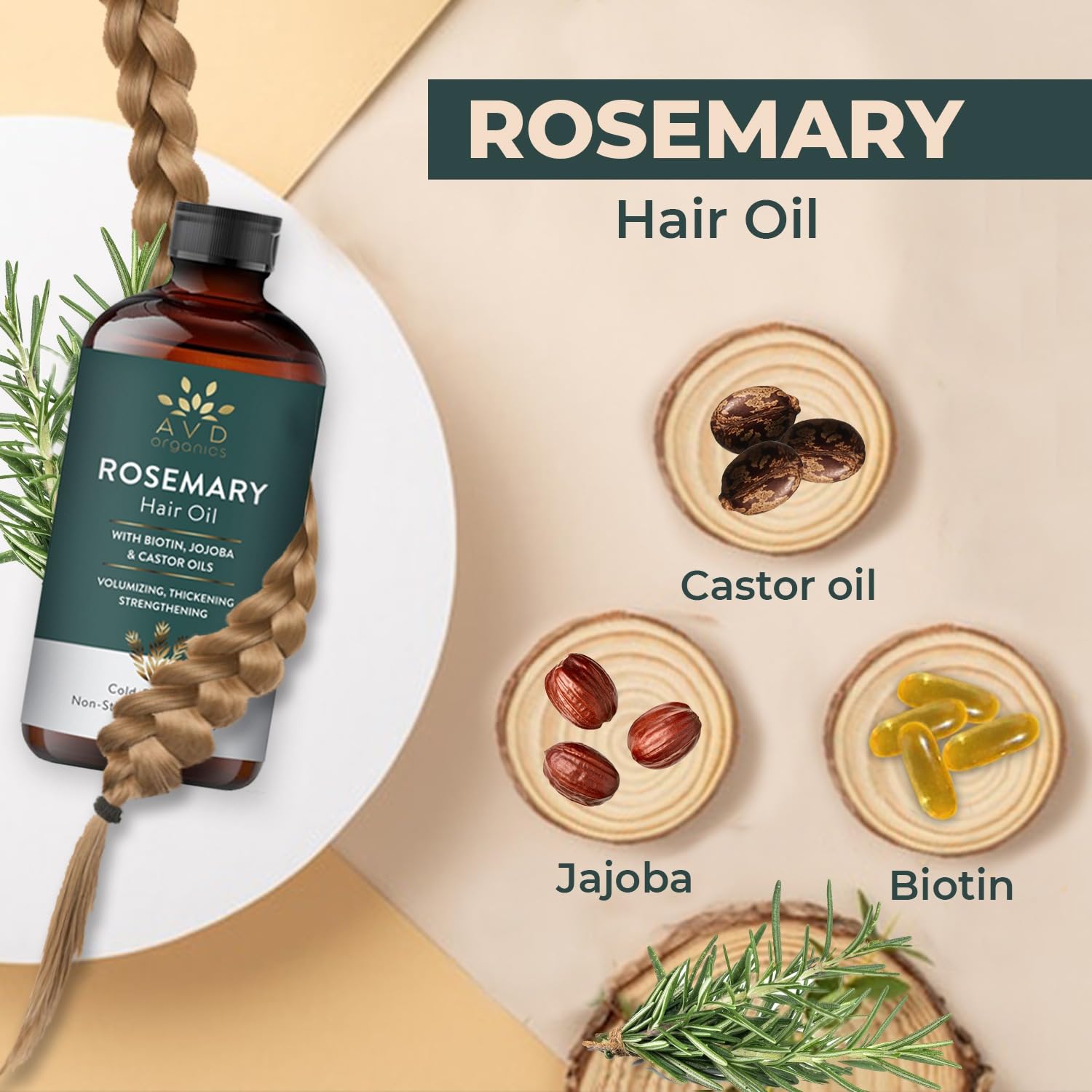 AVD Organics Rosemary Hair Oil with Biotin for Hair Strengthening Nourishing and Volumizing Formula with Jojoba and Castor Oil | Non GMO Verified 50ML