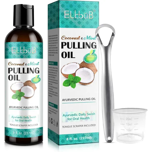 ELBBUB Coconut Pulling Oil - Ayurvedic Mint Oil Pulling Mouthwash with Tongue Scraper | Natural Essential Oils for Fresh Breath, Teeth Whitening & Healthy Gums | Alcohol-Free 8 Fl. Oz