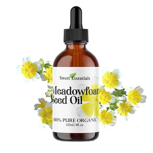 Sweet Essentials Premium Organic Meadowfoam Seed Oil, Imported From Canada, 4oz Glass Bottle, 100% Pure, Cold Pressed For Hair, Skin and Nails Perfect Carrier Oil Also Excellent For Mature Skin