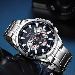 Curren Watch Curren Wrist Watch Men Waterproof Chronograph Military Army Stainless Steel Male Clock Man Sport Watches 8363 (Silver Blue)