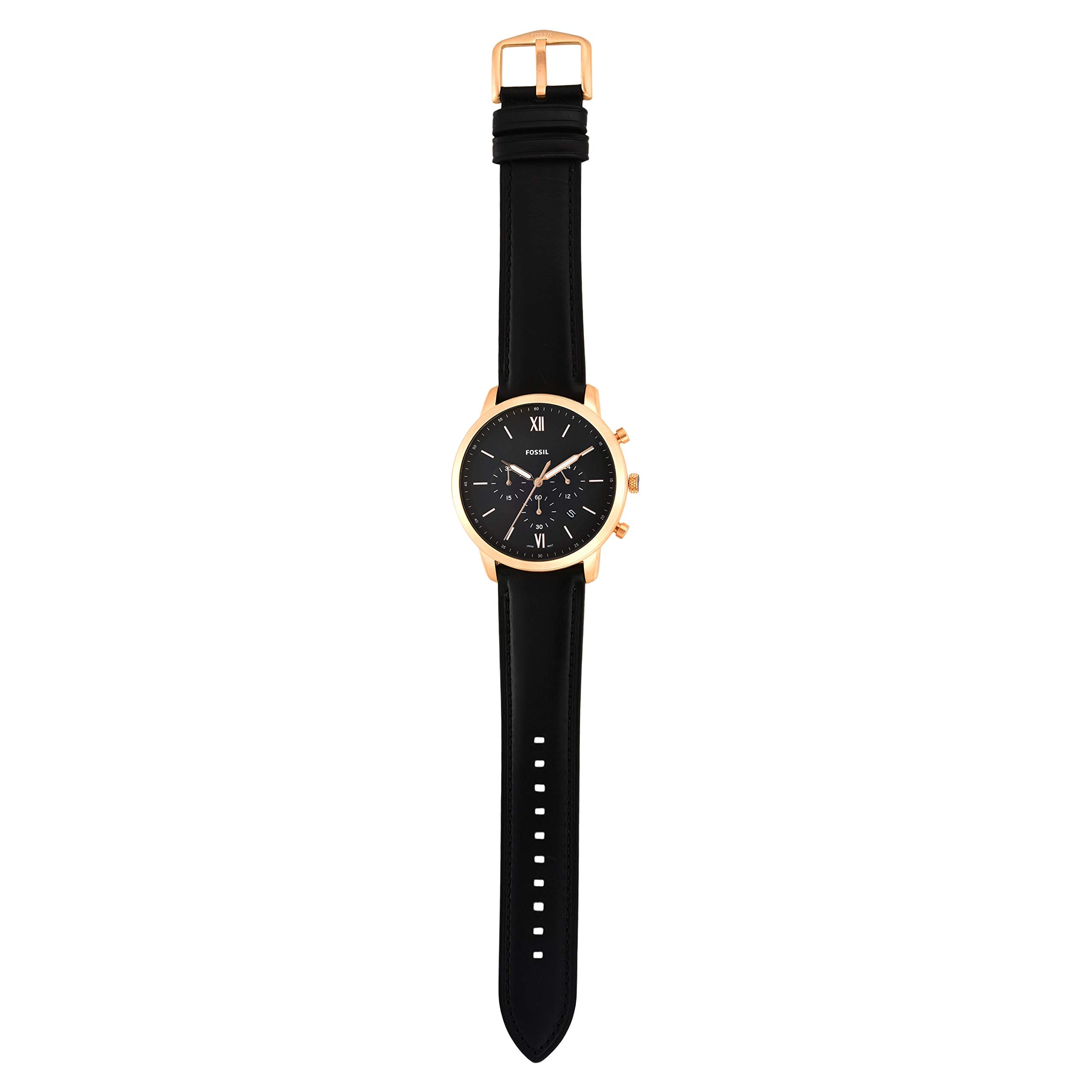 Fossil Mens Quartz Watch, Analog Display and Leather Strap Gold/Black