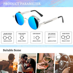 Joopin Steampunk Round Sunglasses - Metal Frame, 100% UV Protection (B04-Silver Mirrored Blue)