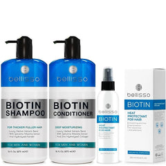 BELLISSO Biotin Shampoo and Conditioner Set and Biotin Heat Protectant Spray for Hair with Moroccan Argan Oil