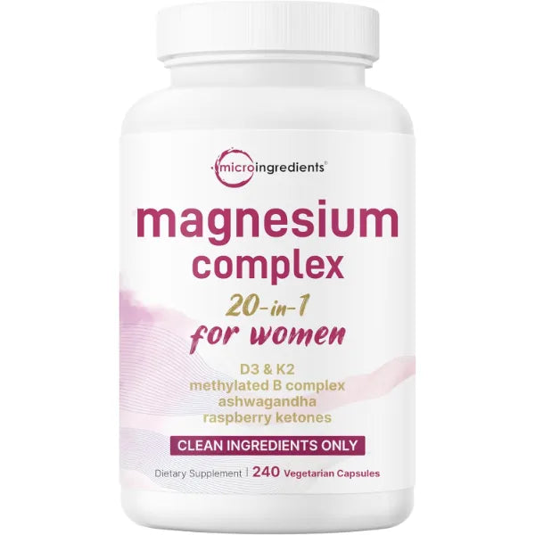 Micro Ingredients Magnesium Complex for Women | Glycinate, Citrate & More – 20-in-1 Formula with D3, K2 (MK-7), B6 (as P5P) & Ashwagandha | 240 Vegetarian Capsules, Filler Free, Non-GMO